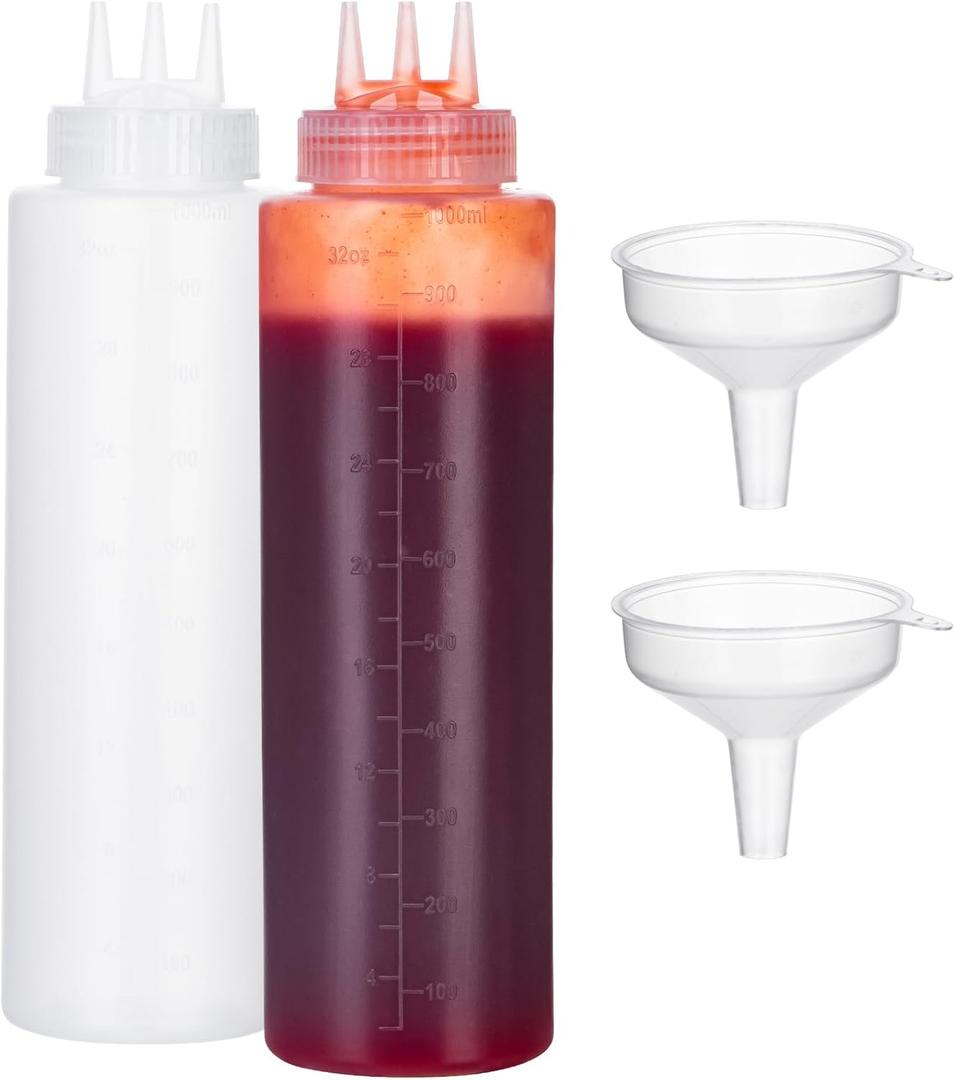 Deesoo Condiment Squeeze Bottles 3-hole 2 pcs, 1000ml/33.8oz Plastic Squeeze Bottles for Thick Sauce Ketchup Mustard Syrup BBQ, Squirt Bottles for Kitchen Arts and Crafts, Food Grade