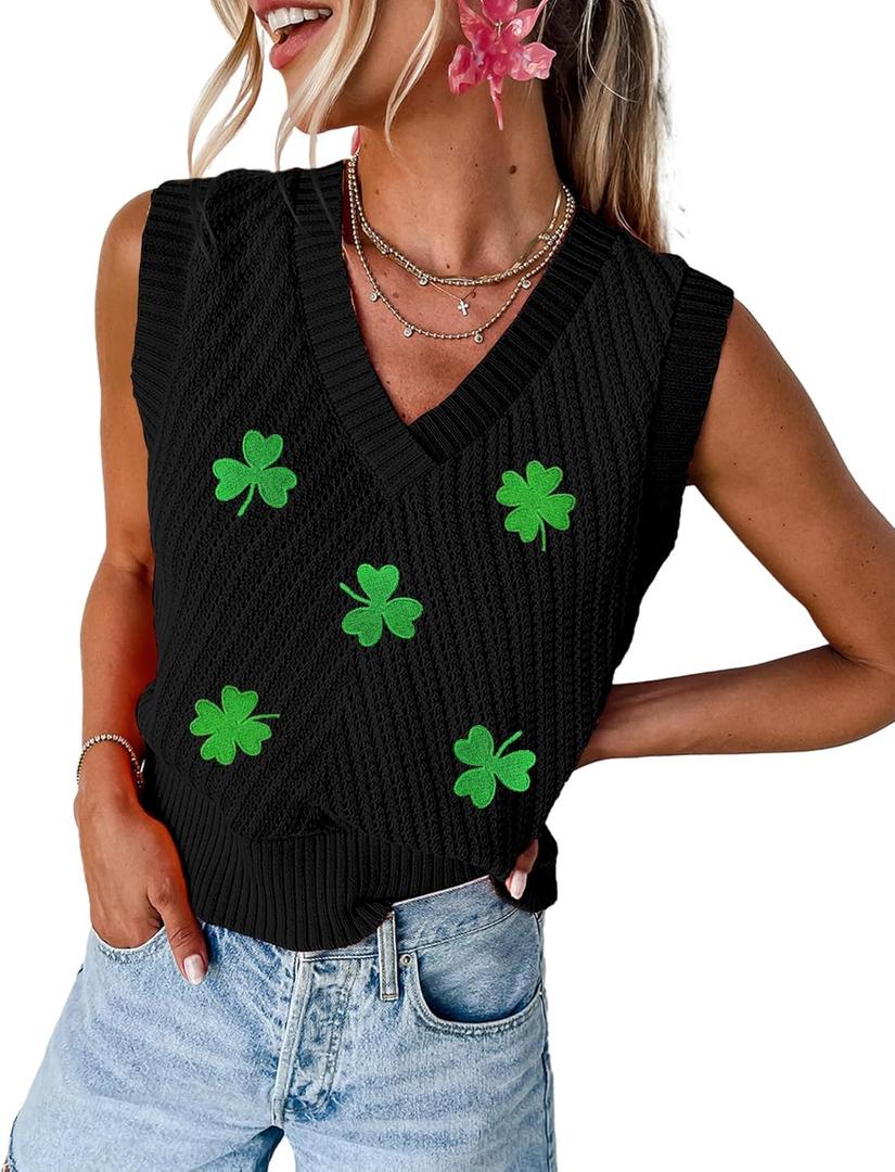 MARZXIN Women Sleeveless Sweater V Neck Casual 2026 Fall Knitted Chevron V Neck Sweater Vest Color Block Pullover Sweater Top (Black, S)