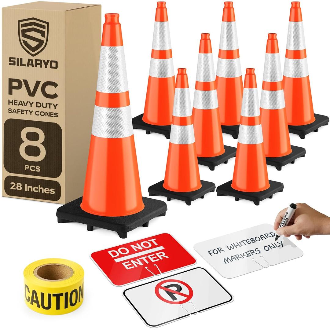 (8-Pack) SILARYO 28 Inch Traffic Cones | 330-Ft Caution Tape & 3 Attach-on Signs | Heavy-Duty Orange Traffic Cones | Tall & Large Traffic Safety Cones for Construction - PVC, Anti-Skid, -20F to 130F
