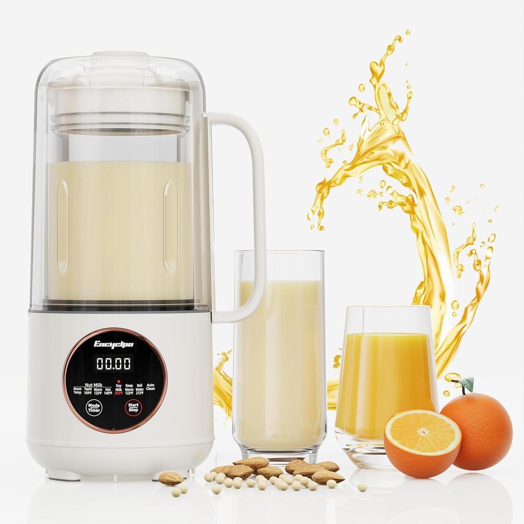 Encyclpo Nut Milk Maker, 50oz Automatic Soy Milk Maker with Spin Clean Brush and Nut Milk Bag, Homemade Plant-Based Oat Milk Machine with Auto Clean, Boil Water, Delay Start, Keep Warm, white