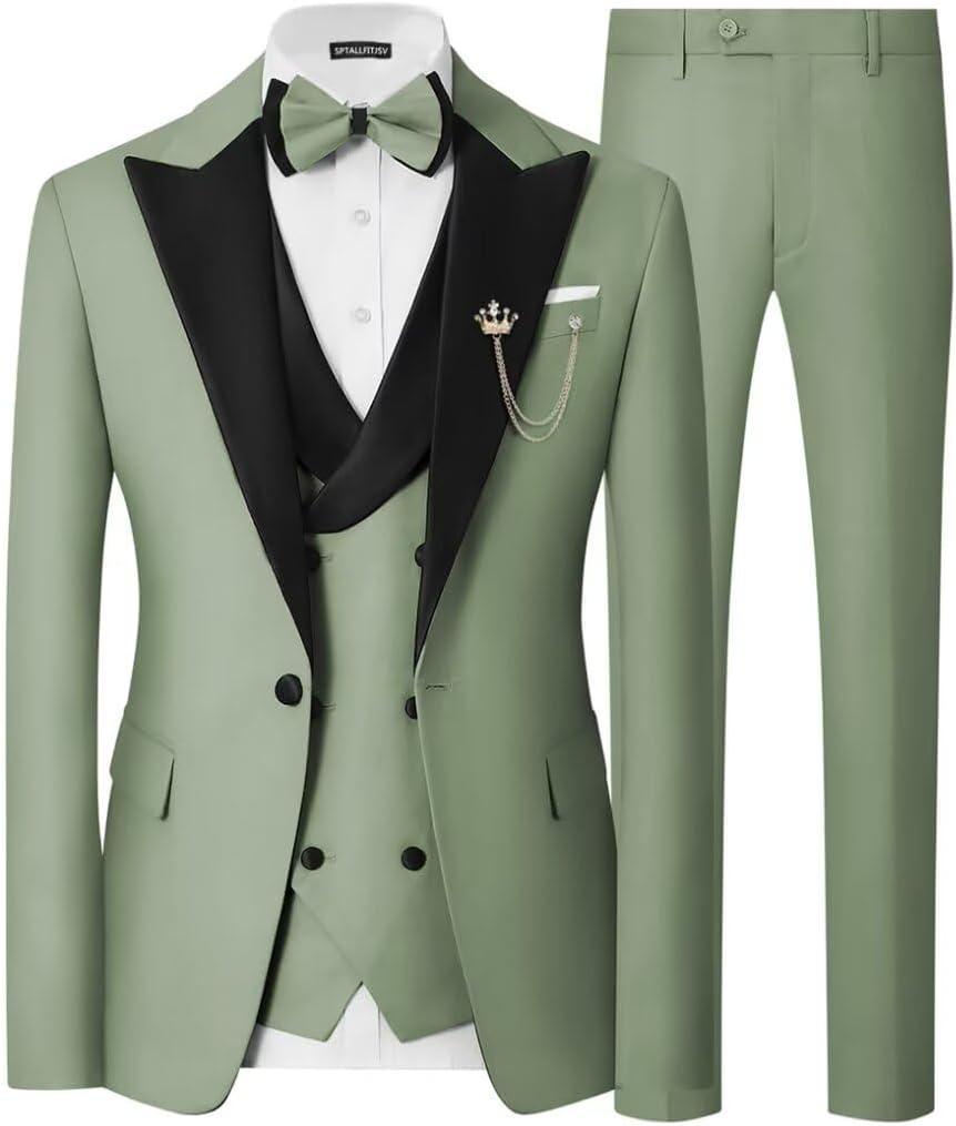 Mens 3 Piece Tuxedo Suit Slim Fit Wedding Prom Dinner Tuxedo for Men Double Breasted Suits Set with Bow Tie (Small, Sage Green)