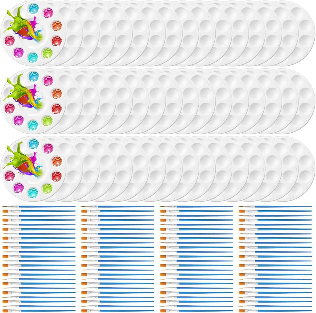 150 Pcs Paint Brushes Palettes Sets Bulk 100 Pcs Nylon Painting Brushes 50 Pcs Tray Palettes for Acrylic Oil Watercolor Classroom Art Party Supplies(Blue)