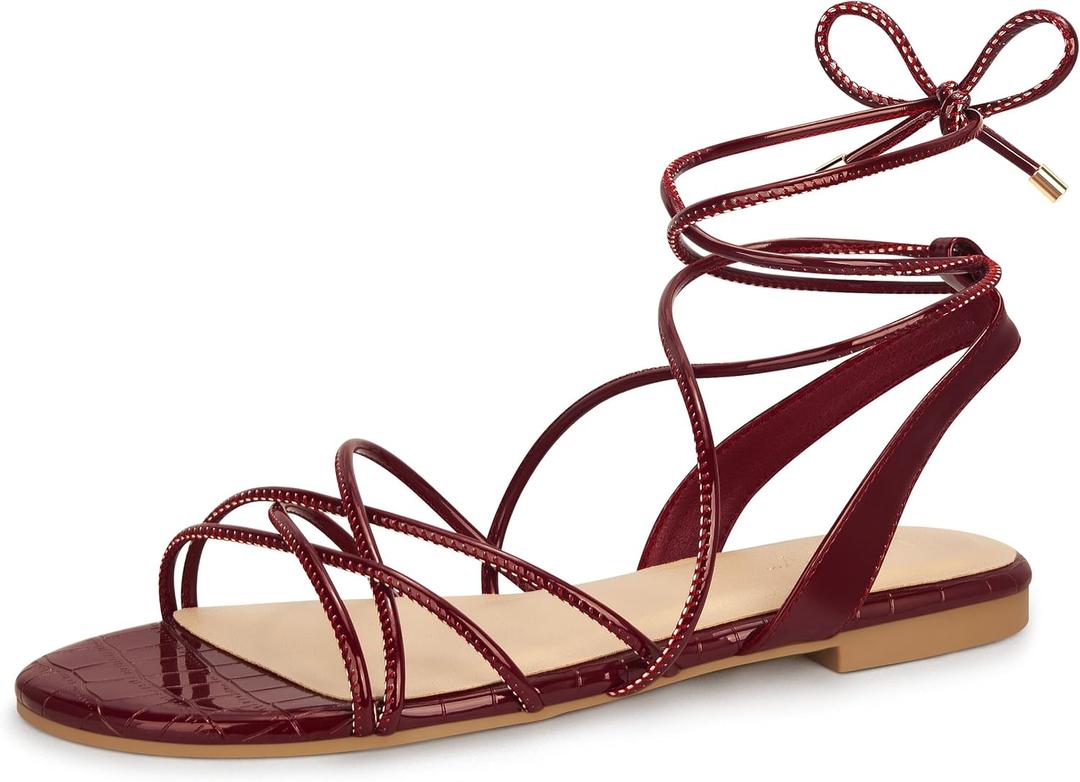 PARTY Women's Strappy Sandals Gladiator Lace Up Flats Summer Wrap Open Toe Tie Up Shoes, Burgundy, 8