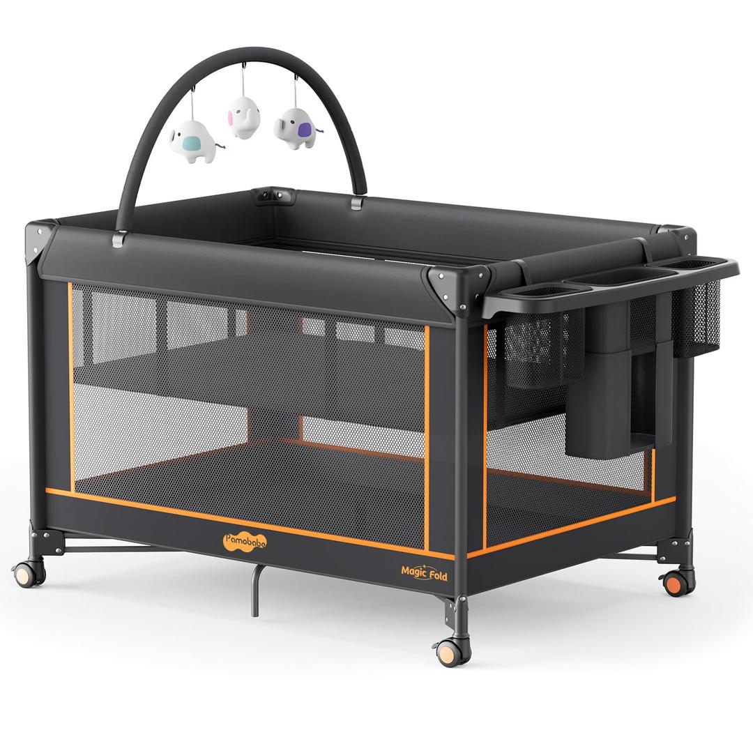Pamo Babe Pack and Play - Travel Crib with Mattress, Easy Setup Small Portable Playpen for Babies, Lightweight Foldable Baby Playard with Lockable Wheels, Toy Arch & Large Storage Bag - Black
