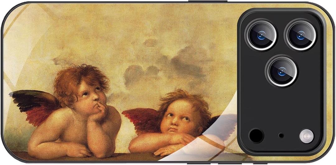 Compatible with iPhone 17 Pro Max Artistic Printing Case, Sistine Madonna Angels by Raphael Oil Painting Case, Black Silicone Glass Protective Cover