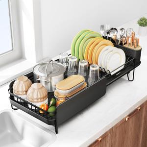 Dish Drying Rack - Large Dish Racks for Kitchen Counter, Expandable Dish Drainers with Cutlery Holder Stainless Steel Rustproof, Black