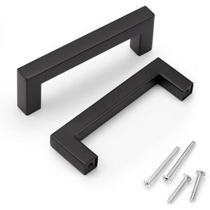 KNOBWELL 6 Pack Black Kitchen Cabinet Pulls, 3-3/4 inch Hole Center Black Square Stainless Steel Dresser Drawer Pulls 4-1/5" Length