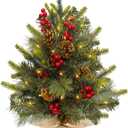2ft Mini Small Christmas Tree with Lights Timer, Artificial Tabletop Christmas Tree with 30 LED Lights/59 PE&PVC Tips/Berries&Pinecones, 24 Inch Xmas Tree with Burlap Base for Holiday Indoor Decor