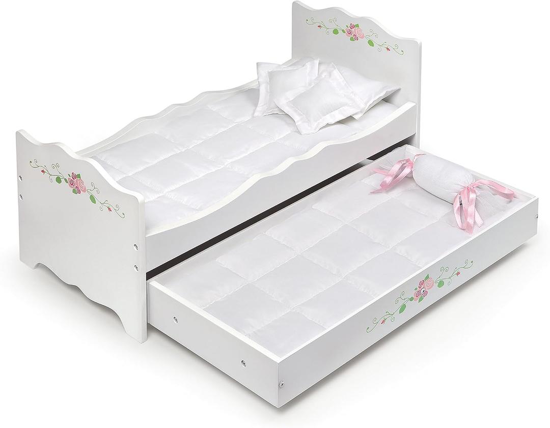 Badger Basket Doll Bed with Trundle and Bedding Elegant White and Rose Bed for 18 to 20-Inch Dolls with Deluxe Mats and Pillows