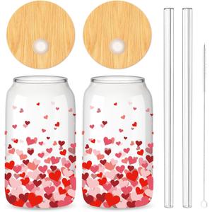 Whaline Valentine's Day Heart Drinking Glasses Set 2Pcs with Bamboo Lids Glass Straw and Cleaning Brushes for Cocktails Whiskey Beer Soda