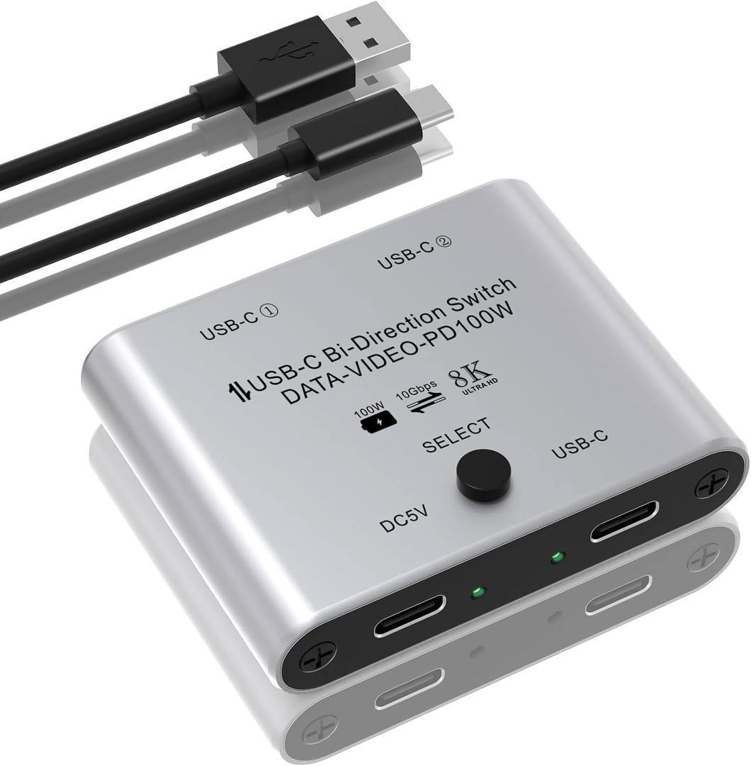 8K USB C Switch, Bi-Directional USB C Switcher for 2 Computers - 8K@60Hz/4K@120Hz Video + 100W PD Charging + 10Gbps Data Transfer, 1 in 2 Out / 2 in 1 Out USB C Splitter Switch with Power Cable