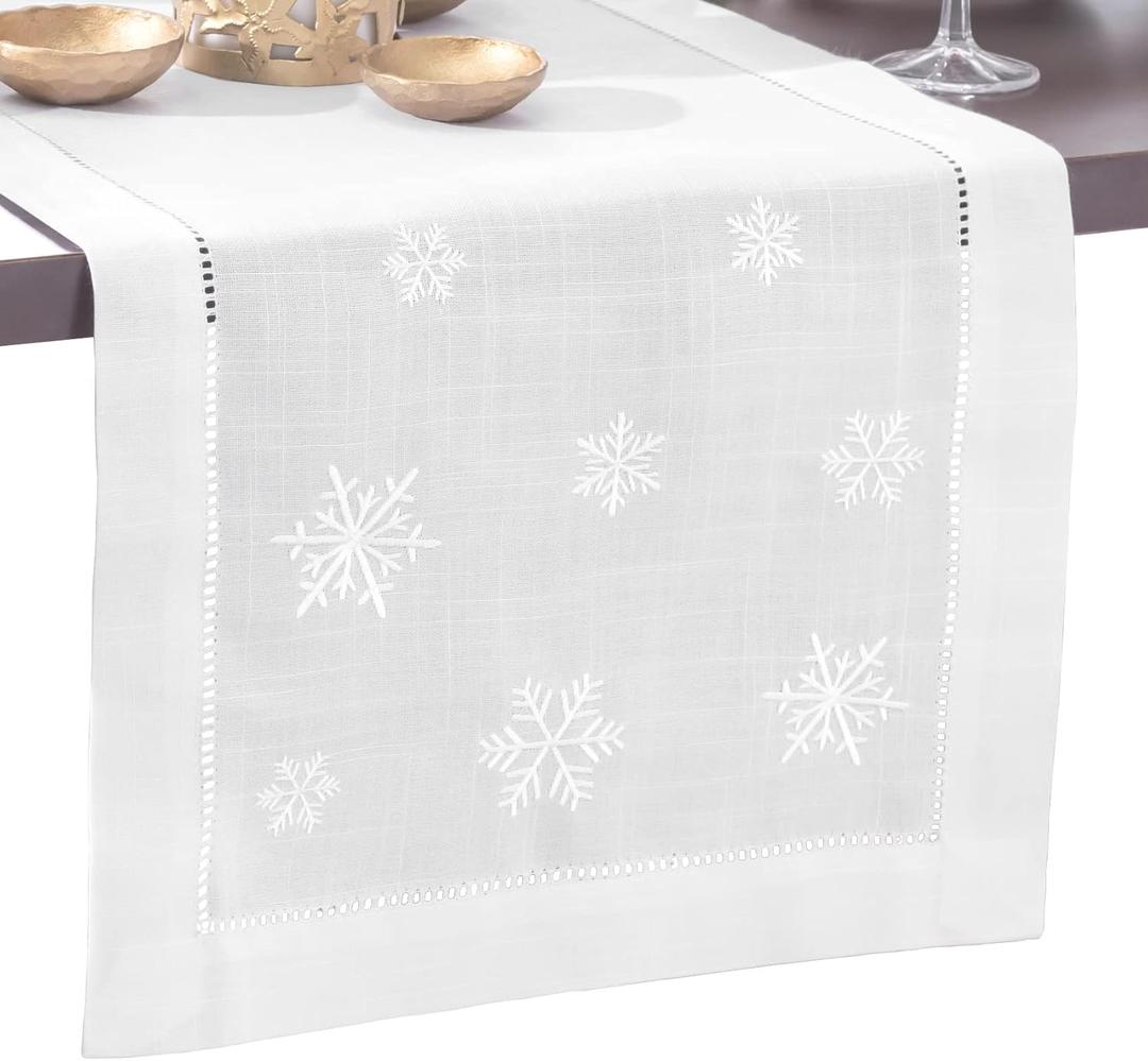 Snowflake Embroidered White Christmas Table Runner - Ideal for Christmas Decor, Rustic Farmhouse Holiday Decor, and Winter Wonderland Table Decorations - White (14 x 72 Inches Long)