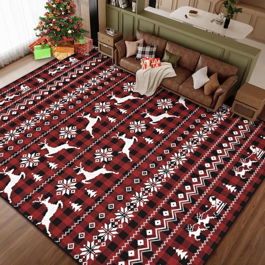 ASPMIZ Christmas Area Rugs 8x10, Buffalo Plaid Rugs for Living Room, Red Reindeer Washable Rug Low Pile, Snowflake Bedroom Rug Non Slip, Soft Faux Wool Throw Carpet for Christmas Decorations