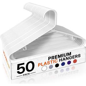 HOUSE DAY White Plastic Hangers 50 Pack, Plastic Clothes Hangers with Built-in Hooks, Durable and Strong Plastic Coat Hangers for Closet, Space Saving Clothing Hanger for Shirts, Coats, Skirt, Dress