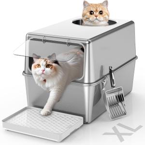 Enclosed Stainless Steel Litter Box with Lid, Enclosed Metal with High Sides, Large Cat Litter Box, Dog-Proof, Odor Control, Easy to Clean,Durable with Round Edge Front Entry