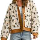 Women's Floral Sherpa Jacket Open Front Denim Collar Fleece Jackets Oversized Outerwear with Pockets (Large, Brown)