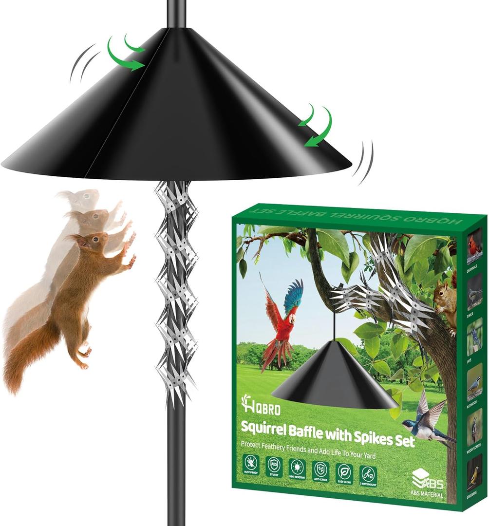 2-in-1 Squirrel Baffle for Bird Feeder Pole Shepherds Hooks with 40" Spikes Set, 19" Dia Raccoon Buster Cone, Bird House Guard for Outdoors Stand Mount & Hanging, Rust Chew Proof Heavy Duty ABS (Black)