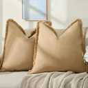 ZWJD Pillow Covers 20x20 Set of 2 Khaki Throw Pillow Covers with Fringe Chic Cotton Decorative Pillows Square Cushion Covers for Sofa Couch Bed Living Room Farmhouse Boho Decor