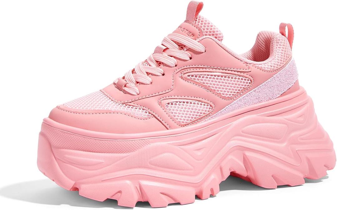 LUCKY STEP Women's Rhinestone Chunky Sneakers Breathable Lace-Up Platform Walking Sneakers Fashion Casual Dad Shoes (9)