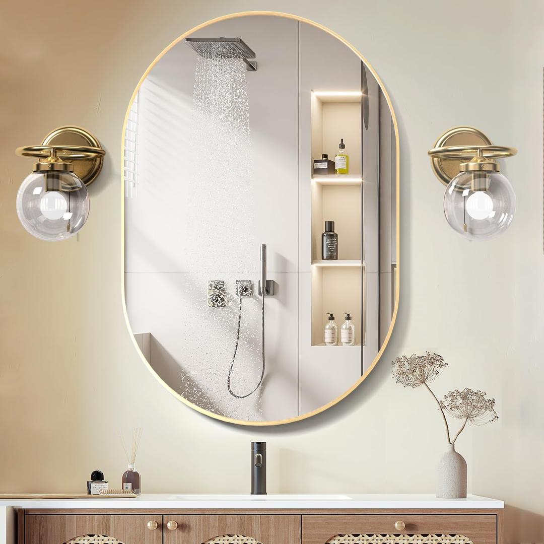 Oval Bathroom Mirror 24"x36" Wall Vanity Oval Mirrors Large Modern Mirror with Black Metal Frame Gold (36"L x 24"W, 24x36-gold)