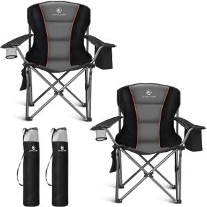 ALPHA CAMP Oversized Folding Camping Chair, Heavy Duty Portable Lawn Chairs with Cooler Bag, Side Pocket & Cup Holder, Folding Chairs for Outside Support 450 LBS (Twin Pack, Black)