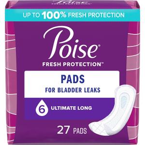 Poise Postpartum Incontinence Pads for Women, Ultimate Absorbency, Long, Original Design, 4 Pack of 27 Count