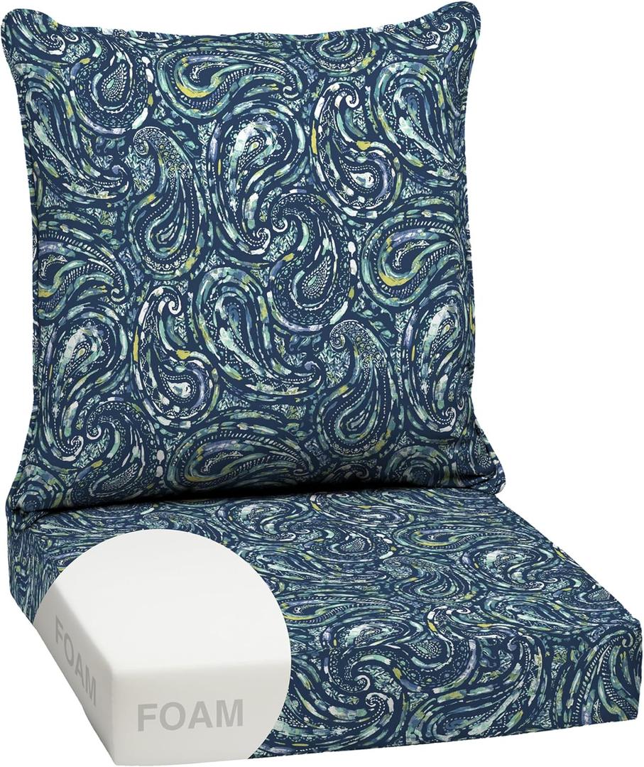 Arden Outdoor Deep Seat Cushion Set, Foam, 24x24, Blue Paisley, 1 Pack