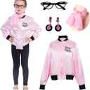 Sincere Party Pink Satin Jacket Back to the 50s Costume for Girls with Glasses,Scarf,Earrings (Large(8-10))