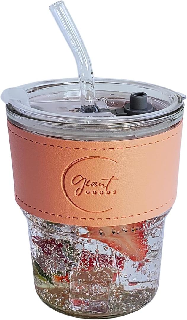 13oz Salmon Pink Glass Tumbler with Glass Straw and Plastic Lid, Vegan Leather Sleeve, Iced Coffee Cup, Double Walled, Car Friendly Tumblers, Hot Coffee, Cold Drinks, Sleeved Mug (1 Count)