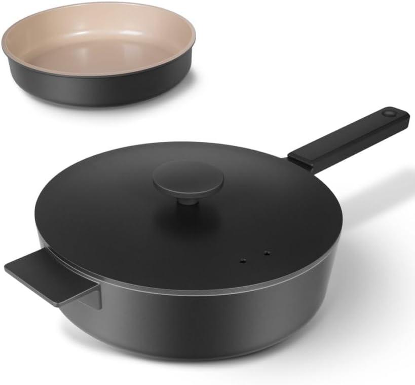 11 Inch All in One Pan with Lid Ceramic Nonstick and 9.5 Inch Circle Pan,Multifunctional Pan Sets for Vertasile Cooking (Black)