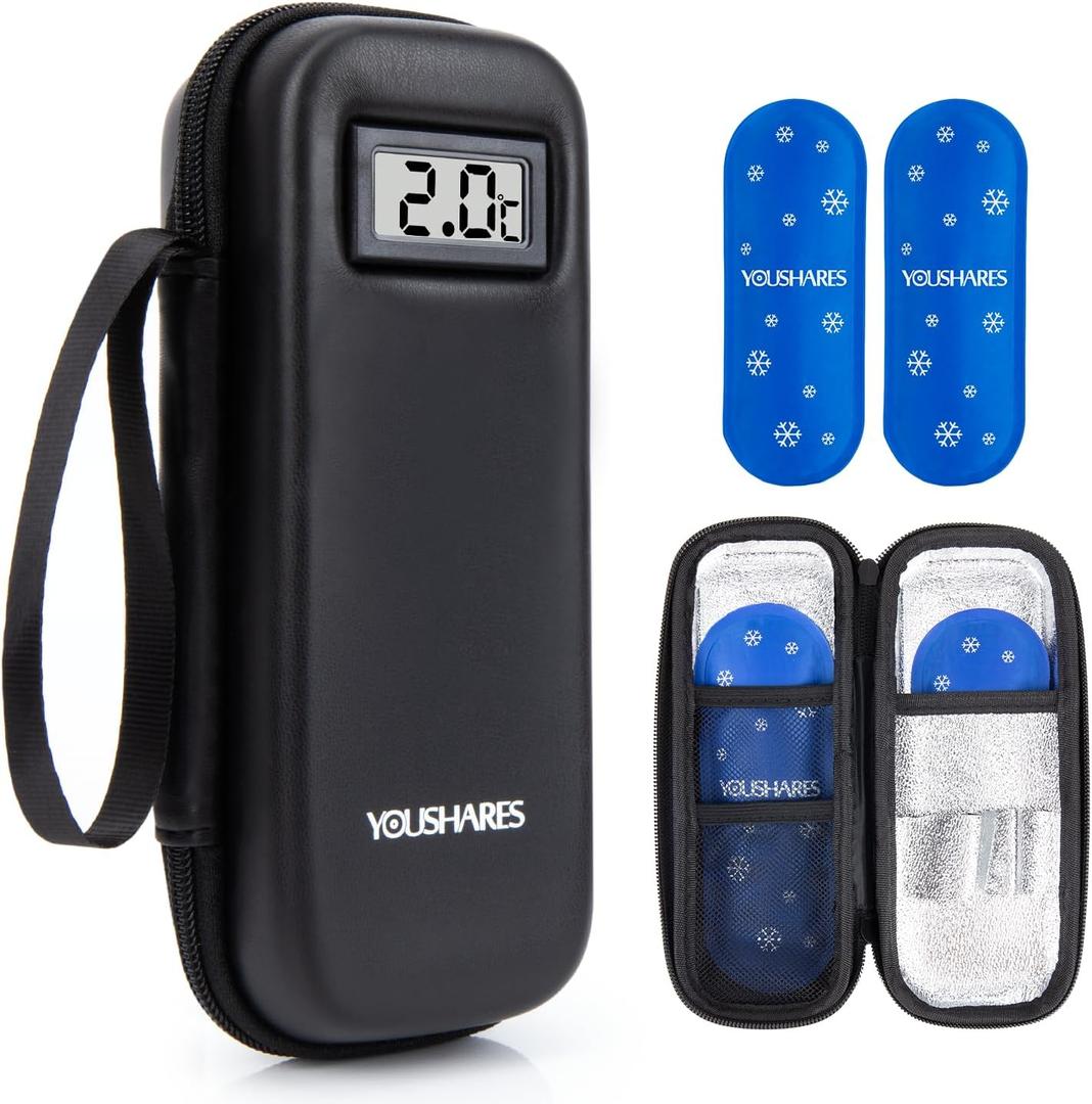 YOUSHARES Insulin Cooler Travel Case with Temperature Display - Refrigerated Medicine Cooling Bag with 2 TSA Approved Ice Pack, Medication Pen Diabetic Supplies Organizer for Trip and Daily