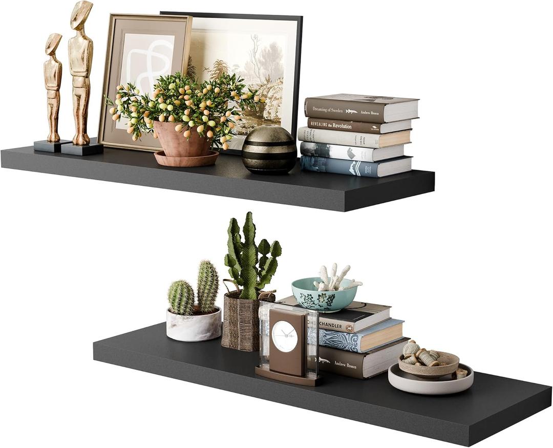 36 Inch Long Floating Shelves for Wall, Black 12 Inch Deep Floating Shelves Set of 2, Wall Shelves for Bathroom Over Toilet, Live Edge Display Shelf with Invisible Brackets for Home Decor