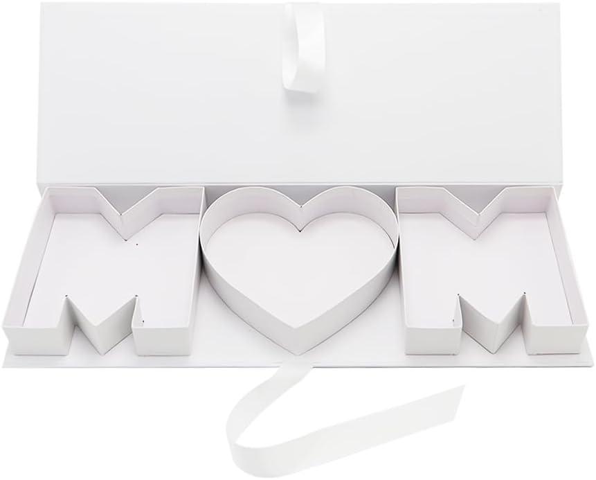 SHENGHE Empty MOM Letter Shaped Gift Box Mother's Day Paperboard Sweet Flower Chocolate Packaging (M Heart M, White)