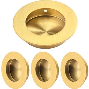 HOMOTEK 4 Pack Round Sliding Closet Door Handles Diameter 2-1/2 in(65mm) Brushed Gold Flush Pocket Pulls Recessed Bypass Door Handles, Stainless Steel Barn Door Finger Pull Set