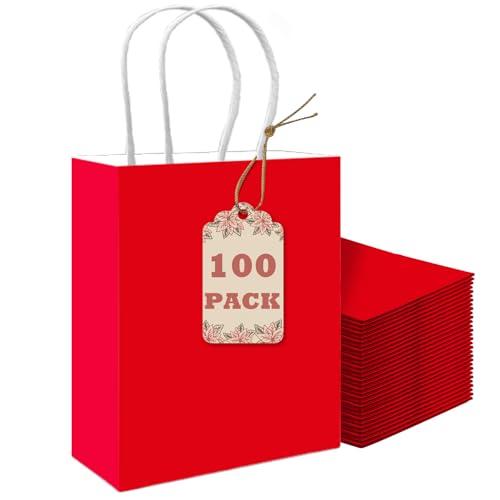 qiqee 100PCS Gift Bag with Handles Bulk Red Paper Bags Multiple Uses (8.3"x3"x6"inch Small Size)