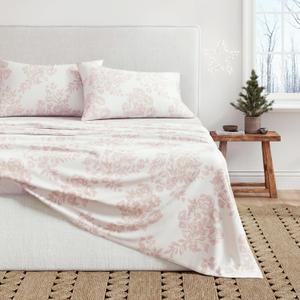 Great Bay Home Flannel Sheet Set Twin Size - 100% Turkish Cotton, Double-Brushed, Winter Floral Bed Sheets - Ultra-Soft, Cozy, 3-Piece Bedding Set (Toile - Blush Pink)