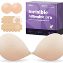 Invisible Strapless Sticky Bra Push up for Women, Ultra Adhesive Bra for Backless Dress, Cleavage Bra Lift Novelty Bras (B Cup, Light Beige)