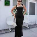 Women's Elegant Sleeveless Square Neck Bodycon Ruched Long Evening Party Dress (Black)