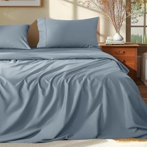 Shilucheng 100% Egyptian Cotton Queen Size Sheets Set - 1000 Thread Count，Luxury Cotton Bed Sheets，Breathable & Cooling Bedding and Pillow Cases, 16 Inch Deep Pocket - 4 Piece (French Blue, Queen)