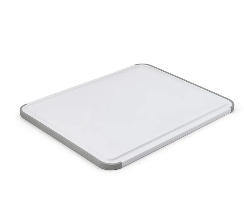 KitchenAid Classic Plastic Cutting Board with Perimeter Trench and Non Slip Edges, Dishwasher Safe, 11 inch x 14 inch, White and Gray