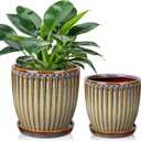 Oairse Ceramic Pots for Indoor Plants, 4.9 +5.7 inch Set of 2 Brown Plant Pots with Drainage Holes and Saucers Texture Ceramic Planters Indoor Outdoor Flower Planters for Succulent
