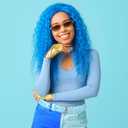 4 Pcs Halloween Costume Accessory Blue Curly Wig and Leather Choker PU Leather Belt Punk Gloves for Women Adult Cosplay