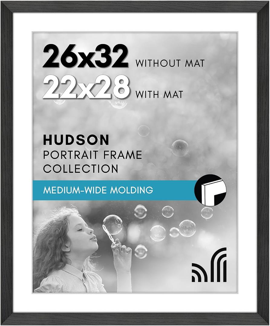 Americanflat 26x32 Picture Frame with Polished Plexiglass - Use as 22x28 Frame with Mat or Display 26x32 Photo Without Mat - Hudson Collection - Wide Picture Frames for Wall Display - Black