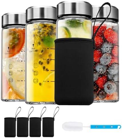 Glass Juice Bottles 12 oz-4 Pack Leak Proof Wide Mouth Water Bottle with Stainless Steel Lid & Sleeve - for Juicing, Smoothies, Infused Water, Beverage Storage, Eco-Friendly Borosilicate