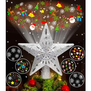 Christmas Tree Topper Star Lighted with 6 Projection Modes,Christmas Star Tree Topper Projector Built-in LED Rotating Lights,3D Glitter Dynamic Projector Party Christmas Decorations (Silver)