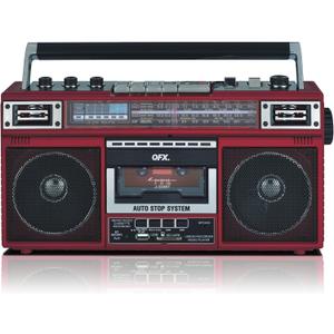 QFX J-220BT Red Boombox MP3 Conversion from Radio to Cassette with 4-Band (AM, FM, SW1, SW2) Radio with Bluetooth, Dual 3 Speakers, Built-in Microphone, Recorder, and a 3-Band Equalizer