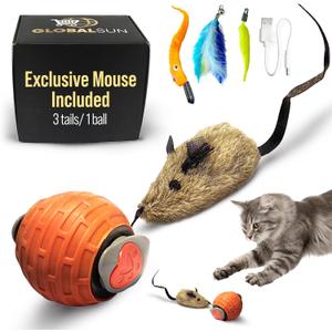 Automatic Cat Toy for Indoor Cats  GlobalSun Speedy Tail 2.0 Motion-Activated Rolling Ball  Rechargeable Interactive Cat Toy with 4 Interchangeable Tails (Mouse, Feather & Ribbon) & Obstacle Sensor
