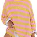 Panadila Womens Striped Sweater Set Oversized Lounge Sets Matching Pajamas Long Sleeve Sweater Top and Shorts (Small, Yellow Pink)