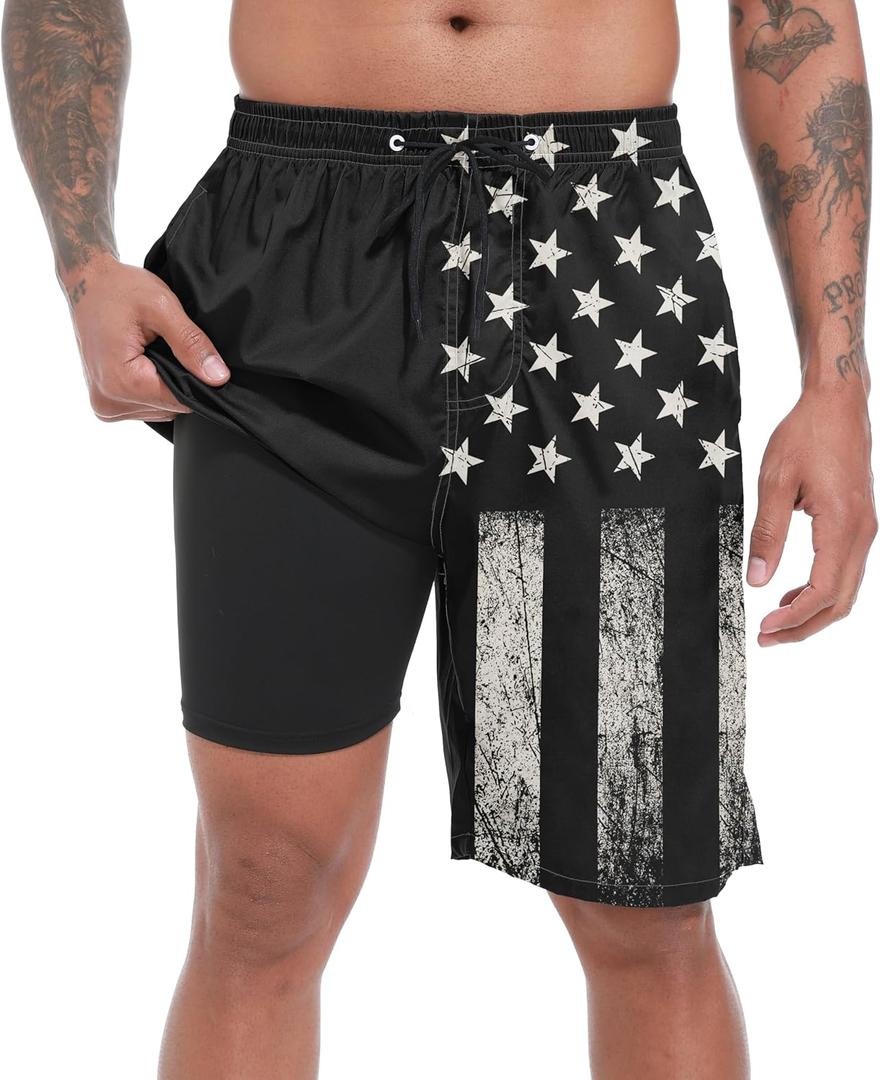 Mens Swim Trunks with Compression Liner, Vintage Black USA Flag Men Bathing Suit Swimming Trunks 9 Inch Inseam Board Shorts Men's Swimwear, 4 Way Stretch Beach Shorts Quick Dry Swimsuits, XL