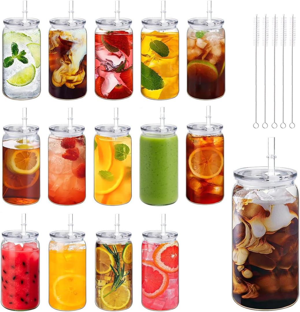 14 Pack Acrylic Mason Jars with Lids and Straws 16 oz Iced Coffee Tumbler Water Bottles Plastic Drinking Cups for Milk Juice Beverage Beer (Clear)